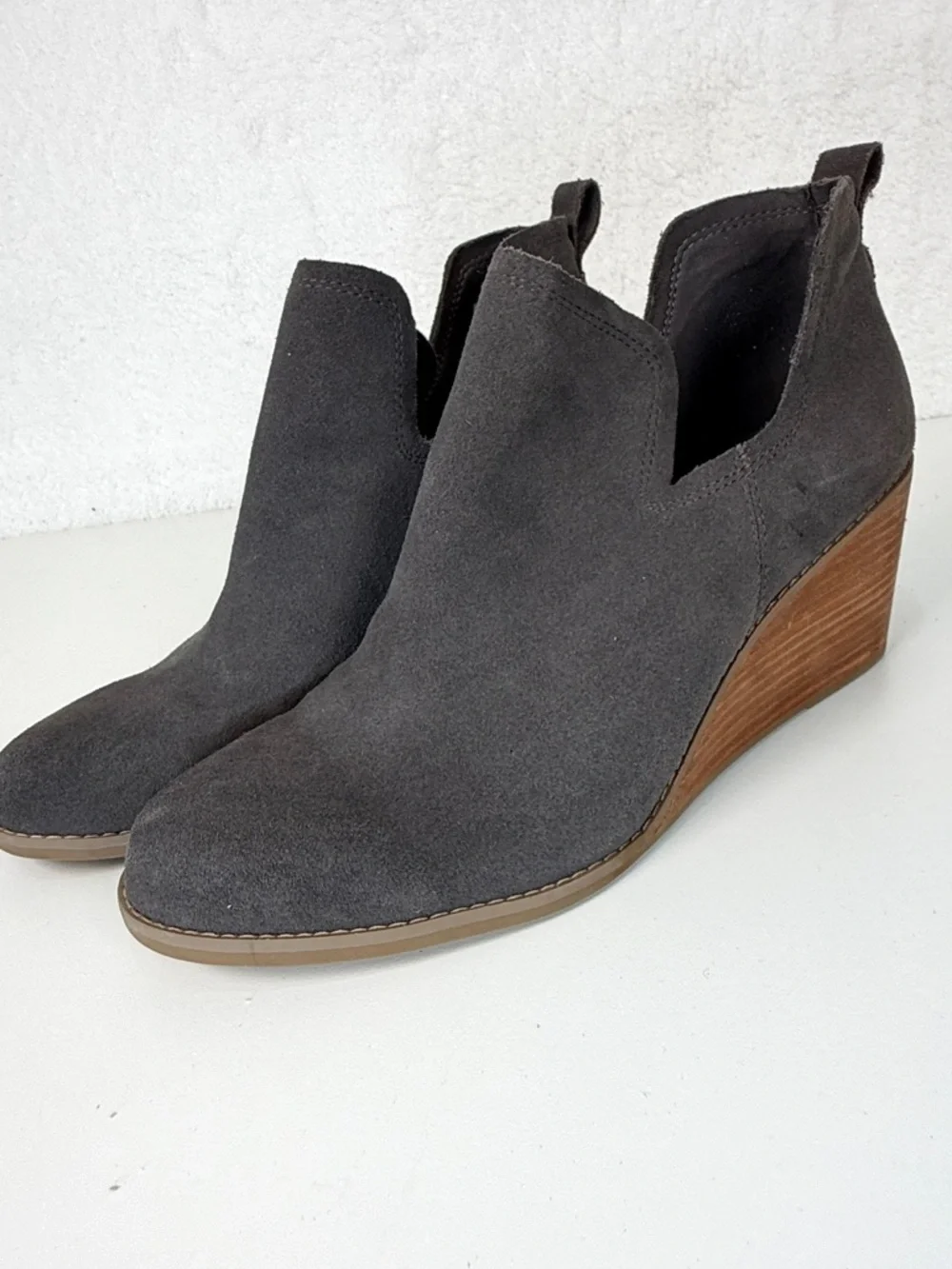 TOMS Gray Suede Wedge Booties Womens 11 Cutout Ankle Boots comfort stylish wedge
